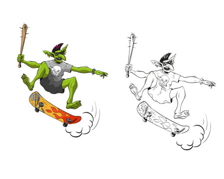 Troll jumps on a skateboard. Design fashion printing for clothes. Sketch vector illustration.