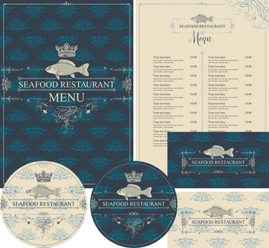 Vector set of design elements for seafood restaurant with fish and crown. Menu, business cards and coasters for drinks in baroque style on ornate background with floral pattern.