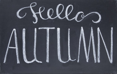 Fototapeta premium Hello Autumn white chalk lettering on blackboard. Autumn season on school board. Hello Autumn on chalkboard.