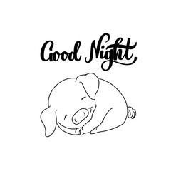 Good night hand lettering with sleeping baby pig cartoon illustration for poster, banner, logo, promo. Sleep expert or children book or kid club pajama party. Piglet for christmas card, symbol of 2019