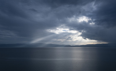 Sunbeams on the lake surface.