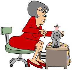 Illustration of a woman seamstress sitting at her sewing machine.