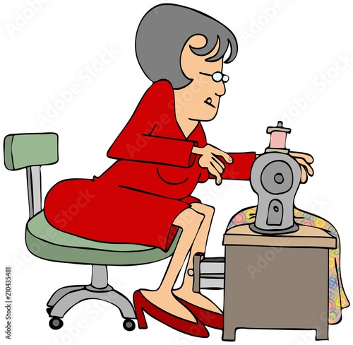 "Illustration of a woman seamstress sitting at her sewing machine