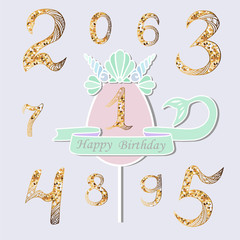 Vector set with number One, Mermaid tail, Sea Shell Crown. Topper or decoration for Mermaid style party, Baby Birthday, invitation, greeting card. Gold Numbers as anniversary logo, patch, sticker