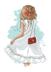 Beautiful young woman in summer clothes with bag and in hat. Stylish girl in white dress. Fashion woman standing back. Back view. Dress is fluttering with wind. Hand drawn sketch. Vector illustration.