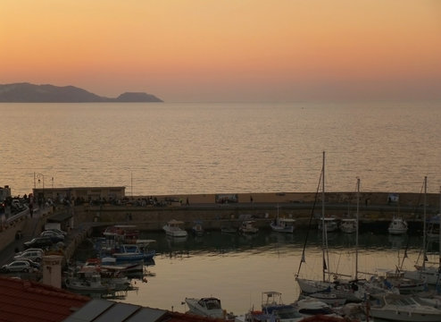 Marina at the Old Venetian Port under Beautiful Sunset Sky, Heraklion, Crete Island of Greece 
