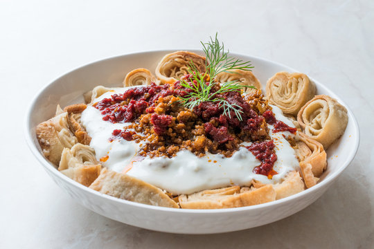 Turkish Manti with Yogurt, Minced Meat and Fried Butter Sauce From Artvin called Silor / Siron / Ziron Rolled Raw Dough and Fried Phyllo / Manlama
