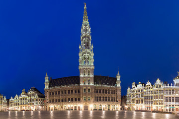 Grand Place Square with Brussels City Hall during morning blue hour in Belgium, Brussels