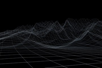 Wireframe polygonal landscape. Mountains with connected lines and dots