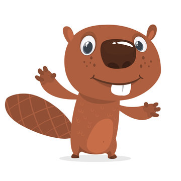 Excited cartoon beaver waving with his hands. Brown beaver mascot. Vector illustration