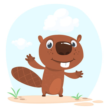 Cute cartoon beaver standing in a meadow. Vector illustration isolated