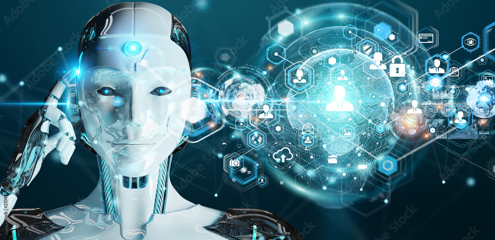 Poster white woman robot using digital screen interface 3d rendering