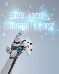 White cyborg hand using digital artificial intelligence text hologram 3D rendering