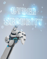White humanoid hand using cyber security text hologram 3D rendering