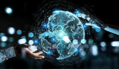 White robot hand using globe network hologram with America Usa map 3D rendering