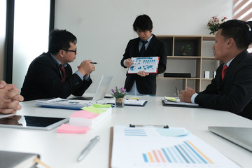 business people have meeting. businessman working with financial plan report. startup man discussing idea at workplace. teamwork, corporate concept.