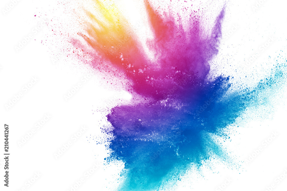Wall mural abstract multi color powder explosion on white background. freeze motion of dust particles splashing
