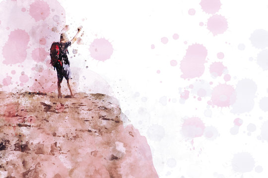 Backpacker on cliff put hand up, digital illustration