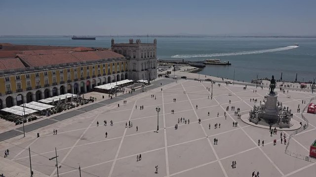 City Of Lisbon Time Lapse Aerial View Crowds Of People. Amazing view of the beautiful city of Lisbon and its famous landmarks. High angle shot crowds of people time lapse