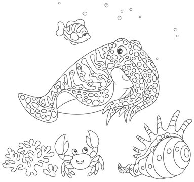Spotted cuttlefish and a small striped fish swimming over a coral, a funny pink crab and a tropical shell, black and white vector illustration in a cartoon style for a coloring book