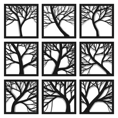 Abstract square icons framed trunk trees with branches.