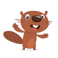 Fototapeta premium Excited cartoon beaver laughing. Brown beaver character. Vector illustration clip art