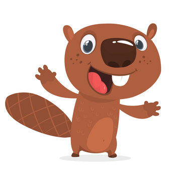 Excited cartoon beaver waving with his hands. Brown beaver mascot. Vector illustration