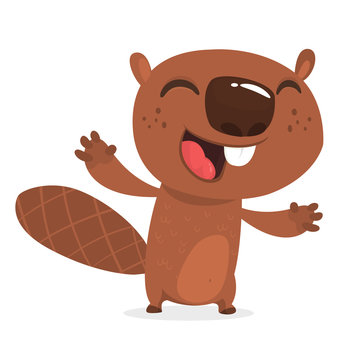 Excited cartoon beaver laughing. Brown beaver character. Vector illustration clip art