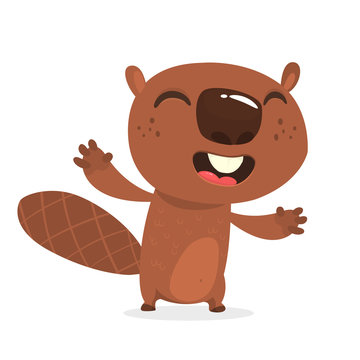 Happy cartoon beaver laughing. Brown beaver character. Vector illustration clipart. Big set of forest animals