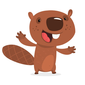 Happy cartoon beaver laughing. Brown beaver character. Vector illustration clipart. Big set of forest animals