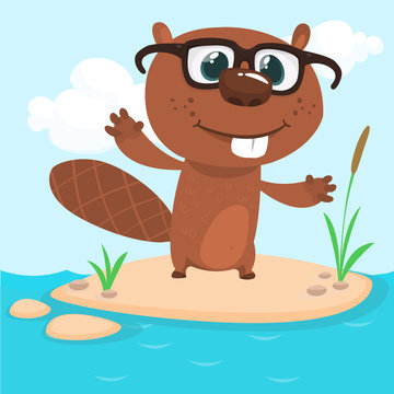 Happy cartoon beaver wearing eyeglasses. Brown beaver character. Vector illustration isolated on simple nature background