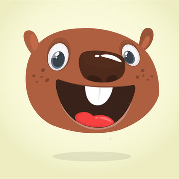 Cute cartoon beaver head icon laughing. Vector illustration. Beaver expressions set