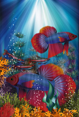 Underwater banner with Betta Splendens and Cardinal Tetra fish, vector illustration