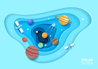 Solar system in paper art style. Galaxy paper cut with satellites and planets. Vector illustration design. © Igor