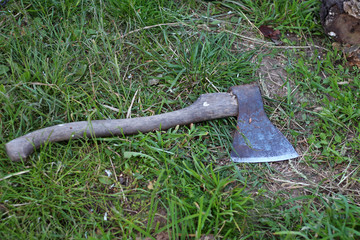 The axe is laid on the green grass