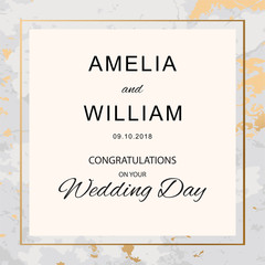 Square background with text congratulations on your wedding day with marble texture with gold frame. Vector illustration design.