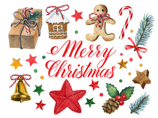 merry christmas decorations set. Holiday decorations with gingerbread, bell, fir cone, caramel stick, confetti, present, stars, knitting star.