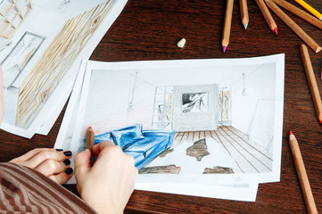 Outline drawings for the design of the kitchen design, everything is drawn in pencil. Beautiful, brick walls.