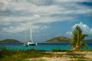 Obraz na płótnie Canvas beach with palm and two yachts on background