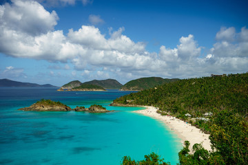 Fototapeta na wymiar Beautiful bay in island with beach and green hills, St. John US Virgin Islands