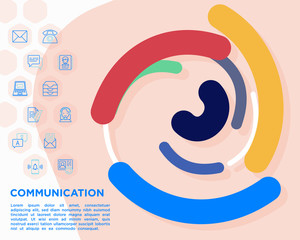Communication concept with thin line icons: email, phone, chat, contacts, comment, inbox, translator, presentation, message, screen share, support. Vector illustration, web page template.