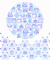 Immigration concept in circle with thin line icons: immigrants, illegals, baggage examination, passportrefugee camp, demonstration, humanitarian aid, social benefit, war. Vector illustration.
