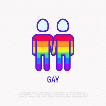 Couple of gays holding hands each other thin line icon in rainbow color. Modern vector illustration.
