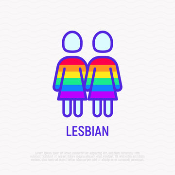 Couple of lesbians holding hands each other thin line icon in rainbow color. Modern vector illustration.