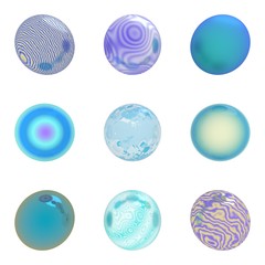 Nine different textures, imposed on spheres. Strips, spots, reflections, shades of blue. White background. Render 3d. Illustration. Helpful for you web. 