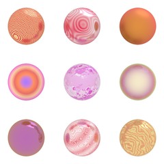 Nine different textures, imposed on spheres. Strips, spots, reflections, shades of orange. White background. Render 3d. Illustration. Helpful for you web. 