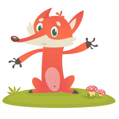 Excited cartoon red fox. Vector illustration of red smiling fox icon. Design for t-shirt, mug, bag lunchbox, wallpaper, wrapper, poster and banner design for kids
