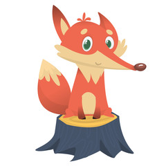  Cute cartoon  fox character standing on the stump. Vector illustration