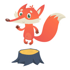  Cute cartoon  fox character standing on the stump. Vector illustration