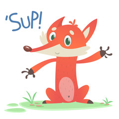  Cute cartoon fox character saying 'Sup!'. Vector illustration